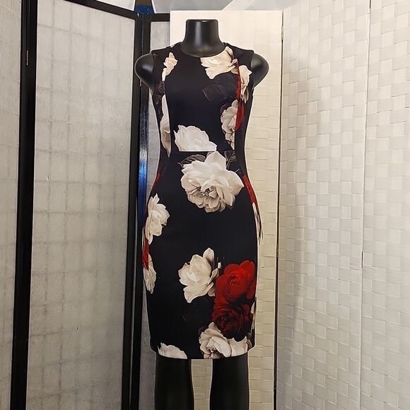 CALVIN KLEIN ROSE ROUND NECK BODYCON DRESS - Picture 12 of 16